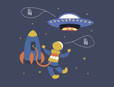 Astronaut and UFO in space astronaut flying saucer hand drawn illustration outer space ufo vector