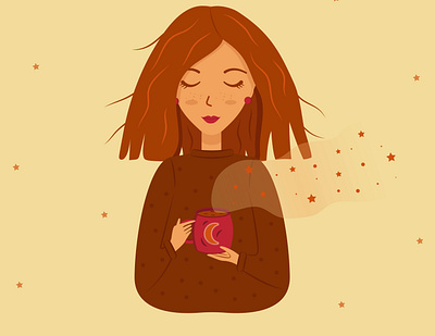 Girl with coffee autumn girl beauty beverage carrots cocoa coffee comfort cute girl dream girl hot coffee illustration mood moon october mood orange stars steam warm sweater warmth