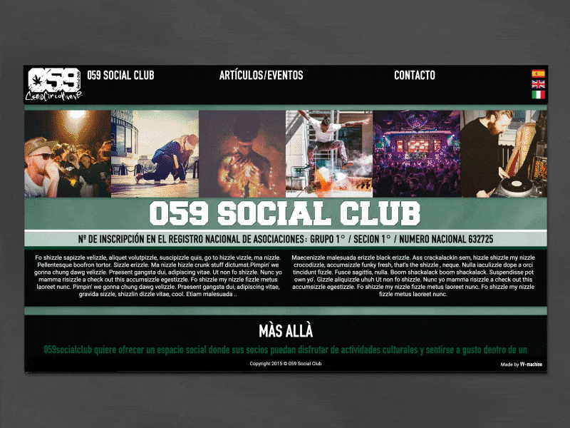 059 Social Club - Static Website for Event Organiser barcelona css animation design events green hiphop html javascript layout one pager rap scroll smoke splash screen urban web website