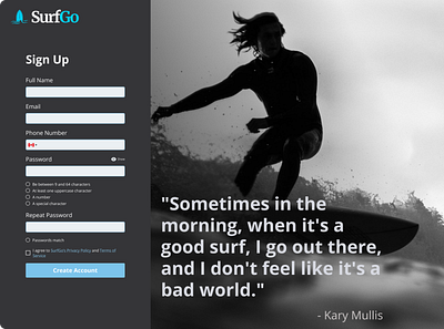 SurfGo Signup Page dailyui login page signup page surfing website