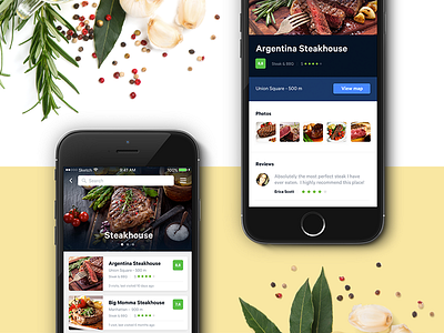 Restaurant List / UI Challenge — Week 11 app application flat food list location mobile restaurant simple steak