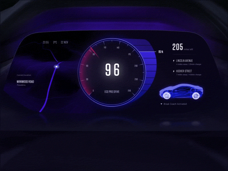 Electric Car Dashboard — UI Weekly Challenges S2 / W4/10 3d car concept dark dashboard electric engine motion speed ui ux