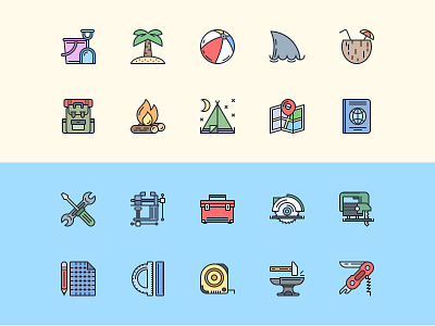 Landing Page Icons: Tools + Vacation camping constrction equipment flat icons outline pack premium set summer tools vacation