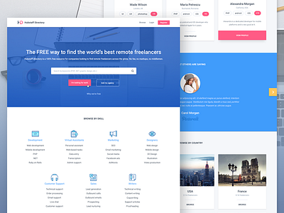 Hubstaff Directory home page app cards flat hubstaff icons landing page material one page profiles skills testimonials ui