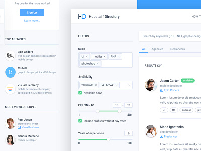 Hubstaff directory search filters forms freelancing hubstaff landing material design profile search sliders
