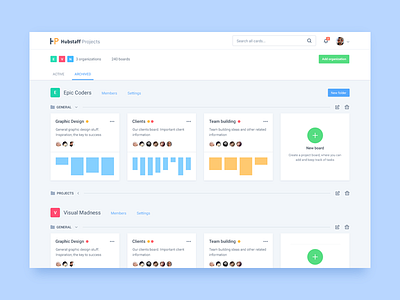 Hubstaff Projects Organizations page agile app board cards clean dashboard kanabn material design organizations project tasks