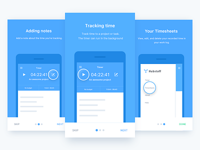 Hubstaff onboarding android app business clean ios mobile notes onboarding slider time tracking timer tutorial