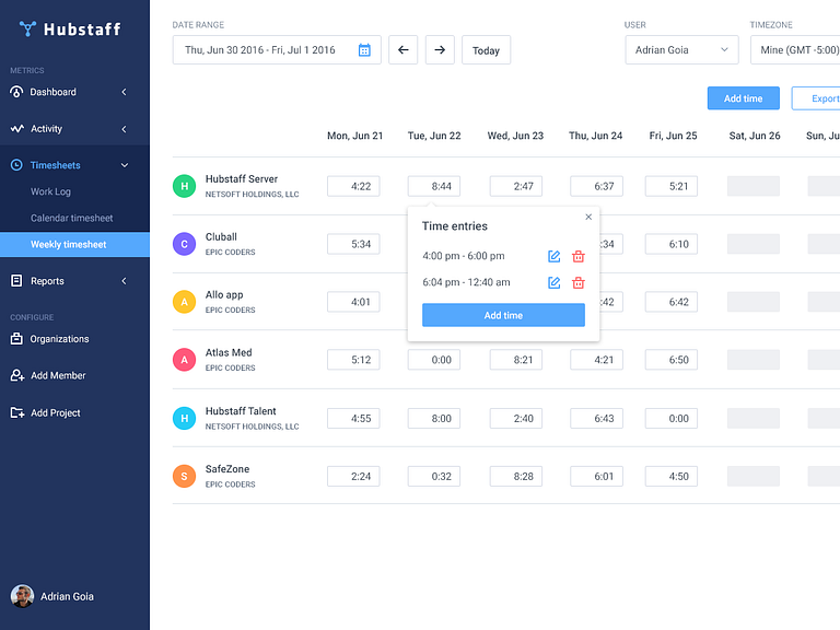 Weekly timesheet by Adrian Goia for Epic Coders 🚀 on Dribbble