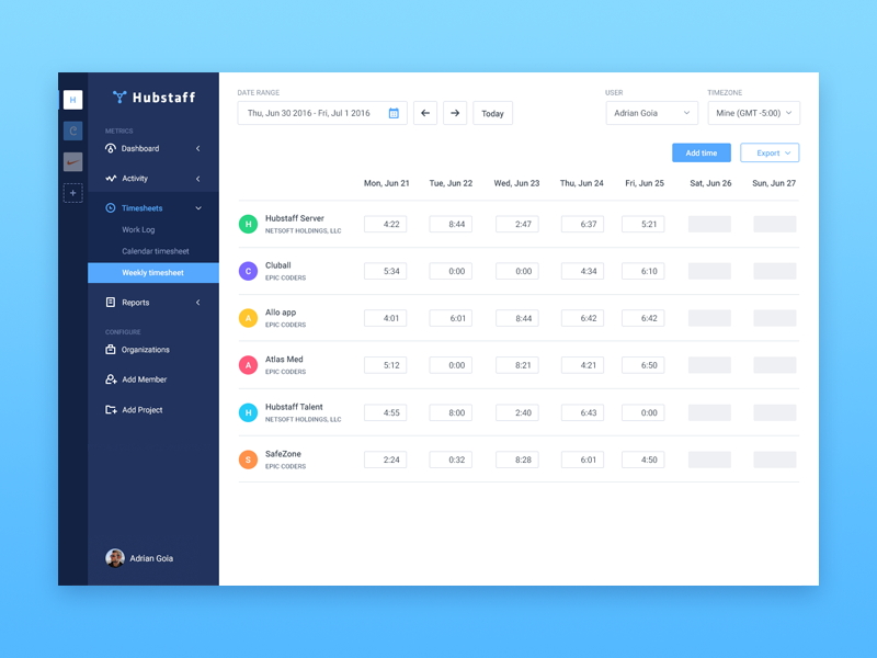 Weekly timesheet by Adrian Goia for Epic Coders 🚀 on Dribbble