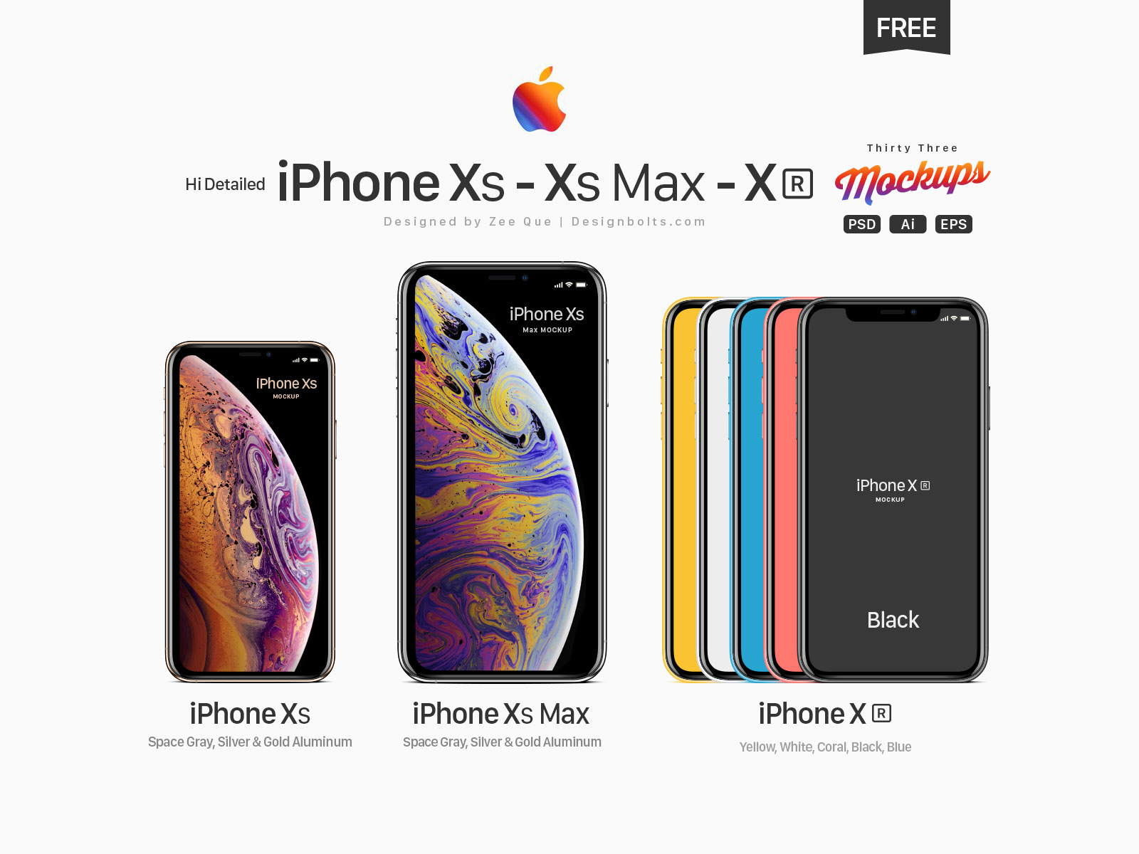 Download Free Apple iPhone Xs, Xs Max, Xr Mockup PSD, Ai & EPS by ...