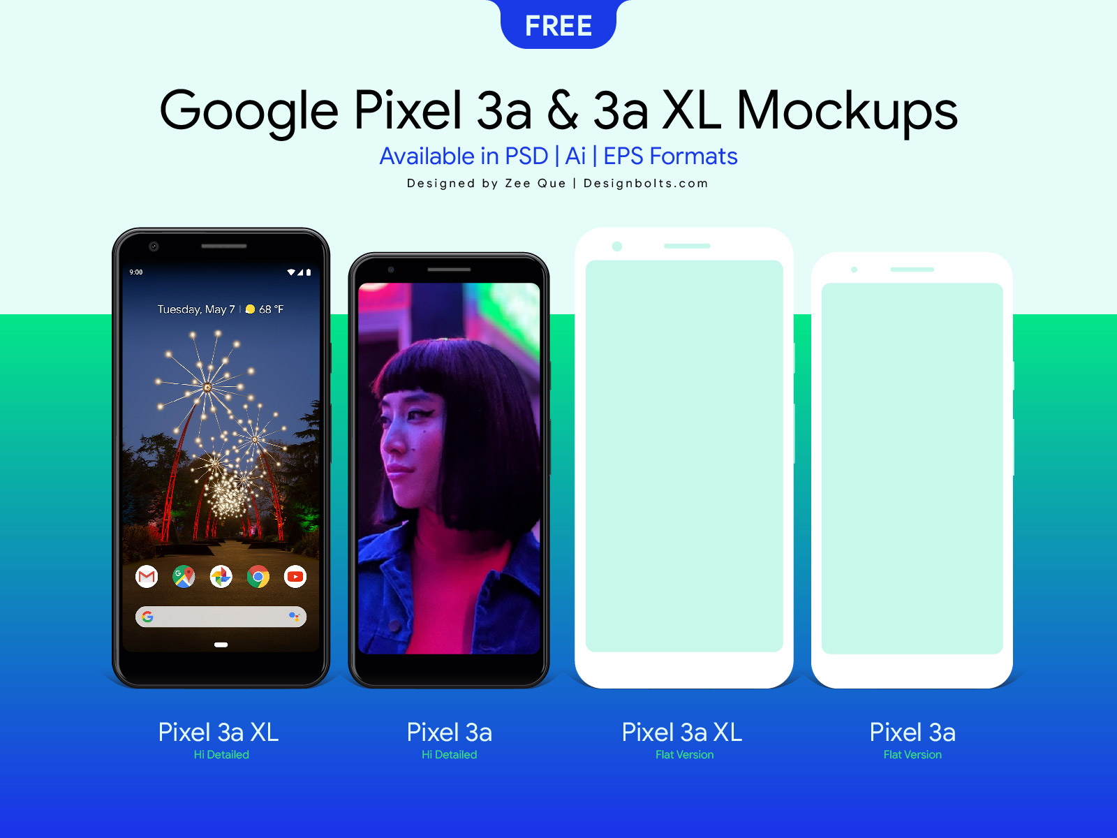Download Free Google Pixel 3a & Pixel 3a XL Mockup PSD, Ai & EPS by Zee Que | Designbolts on Dribbble