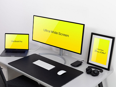 Free Ultra Widescreen Monitor, MacBook Pro & Frame Mockup PSD