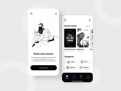 Book App Concept app black book book art books bookshop clean design ebook ebooks education illustration listen mobile read reading reading app ui ux white