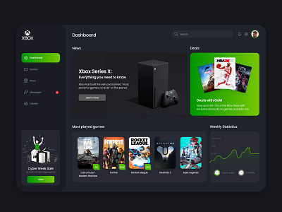Xbox Dashboard analytics app console dark dashboard design game games gaming green interface platform ui uiux user interface userinterface ux webdesign xbox xboxone