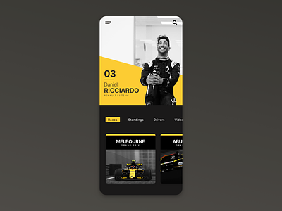 Daniel Ricciardo F1 / App UI app application daniel driver f1 formula1 layout minimal racing renault ricciardo typography ui ux vector web webdesign