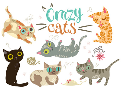 Crazy Cats art cartoon cat character cute doodle flat illustration pet vector