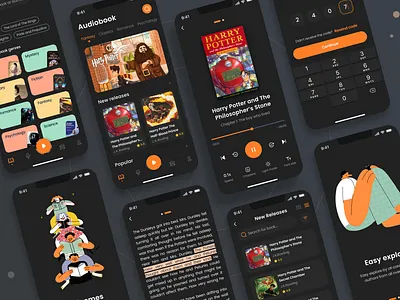 Audiobooks App Darkmode app branding design graphic design illustration minimal typography ui ux vector website