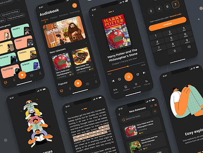 Audiobooks App Darkmode app branding design graphic design illustration minimal typography ui ux vector website