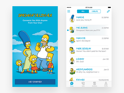 Springfieldger — Messenger iOS App Concept app blue chat chatts fun ios iphone list mattgroening messenger simpsons start