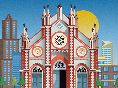 Church in Town building design illustration reproduction scene sunset vector