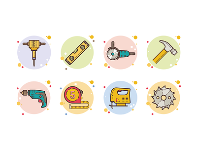 bubbles tools angle grinder design drill hammer icon illustration instruments jackhammer jigsaw level tool saw blade tape measure toolkit tools ui ux vector web