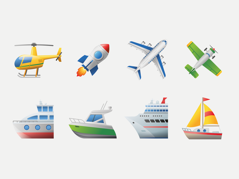 Emoji transport 4 sailing sailboat boat ferry ship travel plane helicopter rocket airplane air transport emoji icon web illustration ui design vector