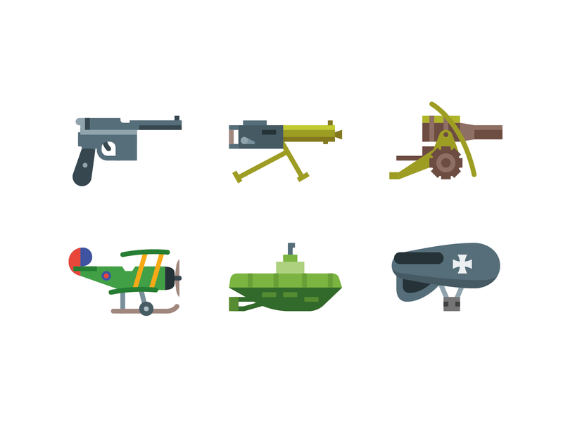 ww1 weapons avro balloon big bertha cannon gun icon illustration machinegun mauser mg 08 plane submarine u1 ui ux vector weapon web world war zeppelin