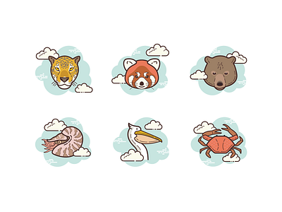 cloud animals animals art artwork bear crab design icon illustration jaguar nautilus pelican red panda ui ux vector web