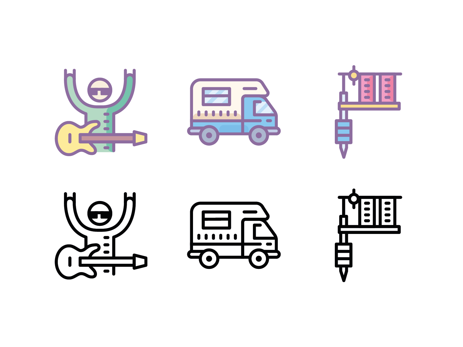 cute rock n roll camper design guitar icon illustration musician rock rock and roll rock star rose tattoo tattoo machine ui ux van vector web