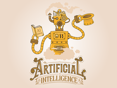 Artificial intelligence illustration ai artificial artificial intelligence illustration intelligence lettering old robot rubber hose steampunk ui ux vector web