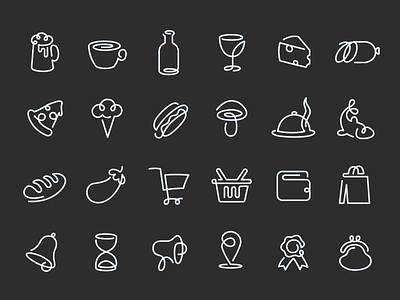 All-by-one-line icons bag beer bell beverage delivery drink fish food hourglass icon one line pizza salami shopping shopping cart vallet vector web