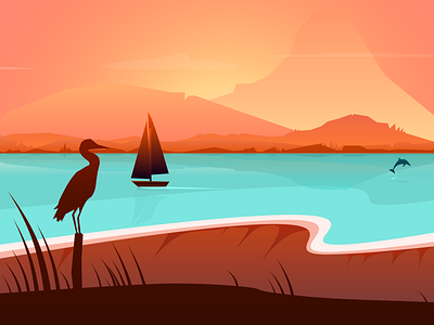 Sunset on the Beach beach boat dolphin illustration landscape mountain pelican rising sun sunset water