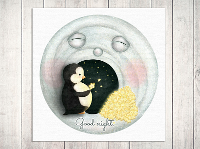 Good night animal animals happy illustration little little penguin moon night penguin star stars