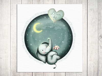 Dream big animal animals baby elephant childrens illustration digital illustration digitalart elephant happy heart illustration little moon stars