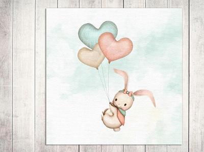 Wonderful Day animal animals baby bunny balloon bunny childrens illustration clouds digital illustration happiness happy heart hearts illustration little rabbit