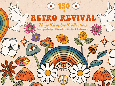 70s Retro Revival Graphic Collection 1970s graphic 70s colorful compositions cute fun hand drawn hippie illustrations mid century psychedelic rainbows retro seamless pattern textile printing vector vintage
