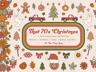 That 70s Christmas Retro Collection 1970s graphic 70s christmas christmas quotes clipart colorful compositions cute design festive graphic groovy hand drawn holiday illustration joyful retro seamless pattern vintage winter