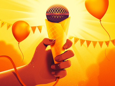 Karaoke in the park balloon grain hand hot icecream illustration karaoke microphone music summer sunburst sunshine texture vector
