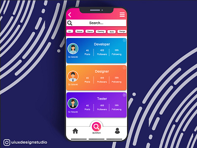 Instagram Redesign Search Concept account app app design blur color design flatdesign gradient graphicdesign mobile mobile ui profile profile card profile design search search bar tag design tags uiux