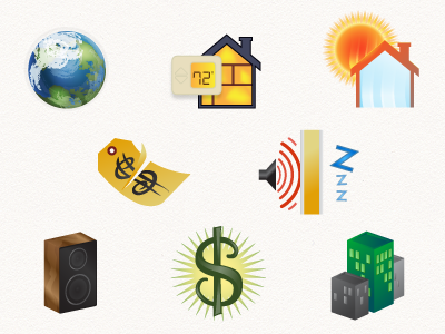 Various icons buildings earth house icons money speaker sun temperature