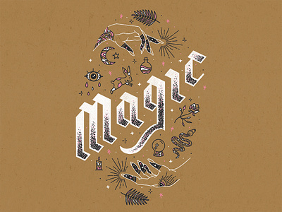 Magic blackletter crystal ball hand lettering illustration lettering magic magical moon palm leaves potion rabbit stars