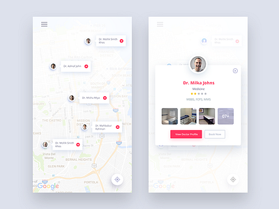 Doctor Finding App app chamber design doctor find list map profile ui ux