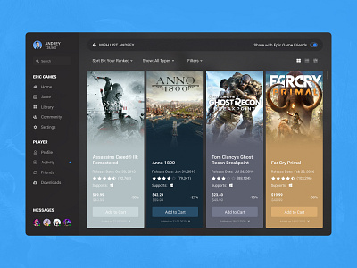 Concept Epic Games | Wish List Card #20 about app choice collection concept desktop detailed discounts epic games games grid library player poster shop sorting store ui ux wish list