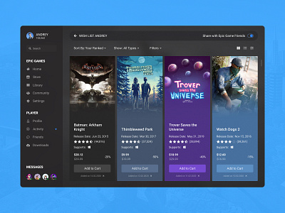 Concept Epic Games | Wish List Card #21 about app choice collection concept desktop detailed discounts epic games games grid library player poster shop sorting store ui ux wish list