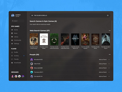 Concept Epic Games | Search #27 advanced app concept cover design desktop desktop app epic games feed find games launcher player screen search the elder scrolls ui user experience user interface ux