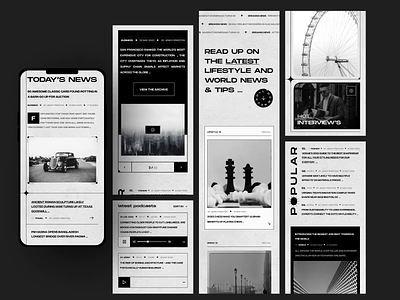 News Website Responsive 📰📲 article blackandwhite classic clean landing page layout magazine media minimal modern motion graphics neat news news app newspaper podcast responsive typography ui video