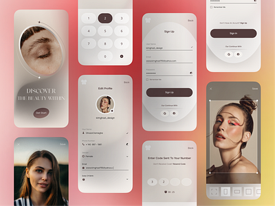 Salon And Beauty App - Sign up & log in Screens app beauty beauty app beauty product beauty salon gradient log in mobile modern onboarding otp profile register salon salon app sign in sign up start screens ui ux