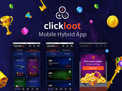 Clickloot - Mobile App cards csgo earn ecommerce gambling listing loot lootbox mobile app mobile app design mobile app experience pubg shop skins ui design ux design