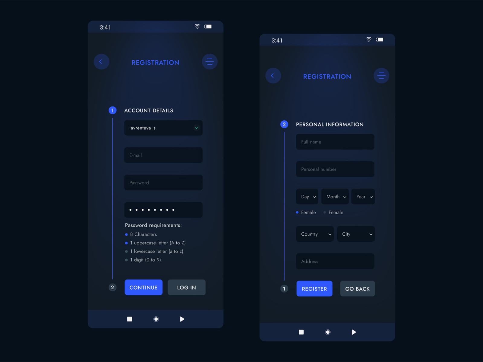 2STEP REGISTRATION FORM Dark Theme by Aleksandra Lavretieva on Dribbble