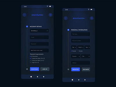 2-STEP REGISTRATION FORM | Dark Theme app dark mode flat input fields mobile registration registration form ui ux